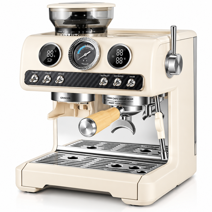 Bangwei Commercial Espresso Machine with Built-In Grinder and 58mm Portafilter (20 Bar, 2250W)