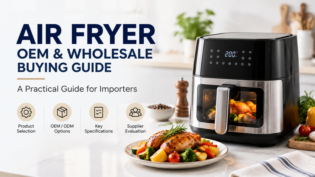 Air fryer OEM and wholesale buying guide for importers, featuring a stainless steel air fryer and prepared food
