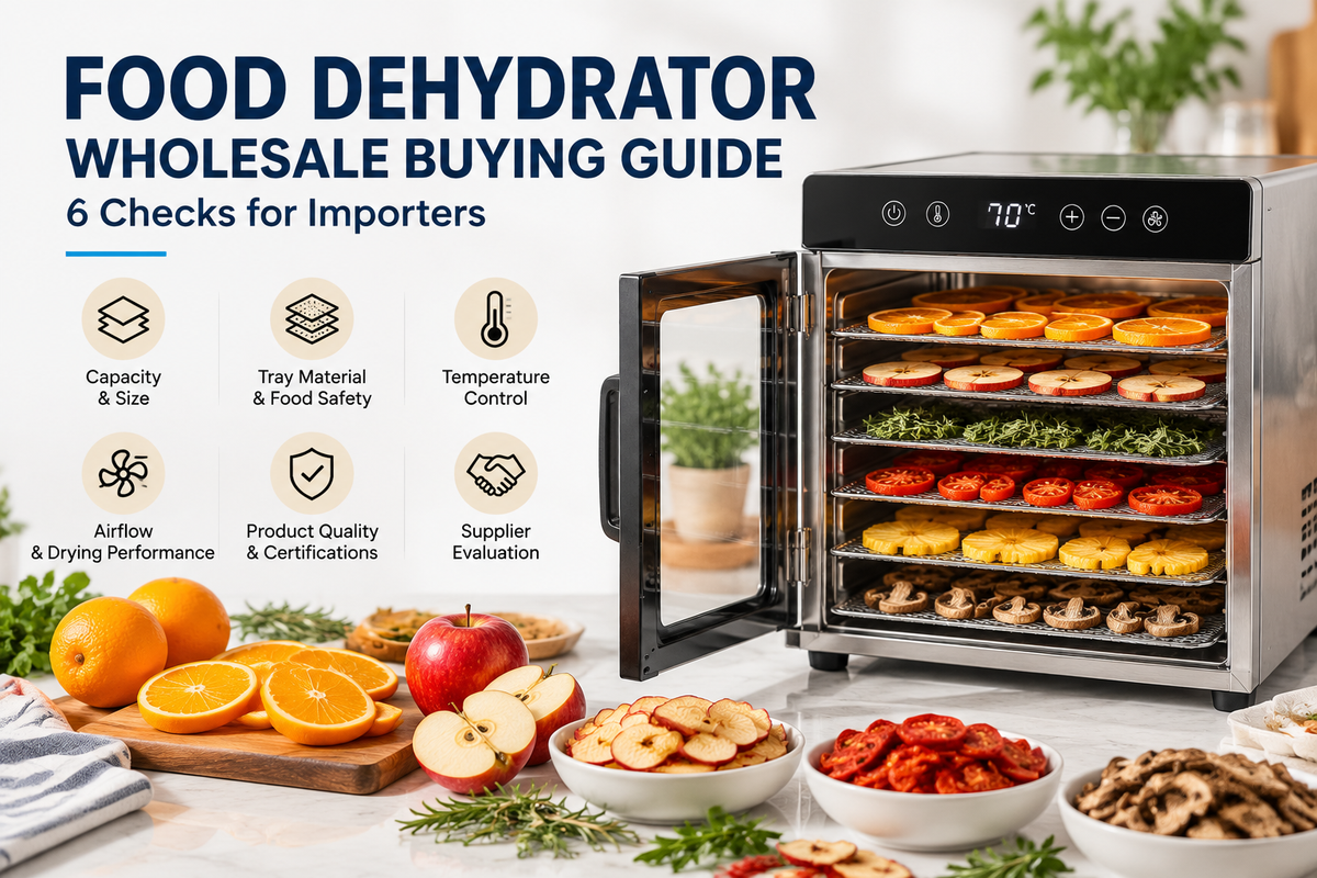 Food dehydrator wholesale buying guide for importers, showing a stainless steel dehydrator with multiple trays and dried fruits and vegetables