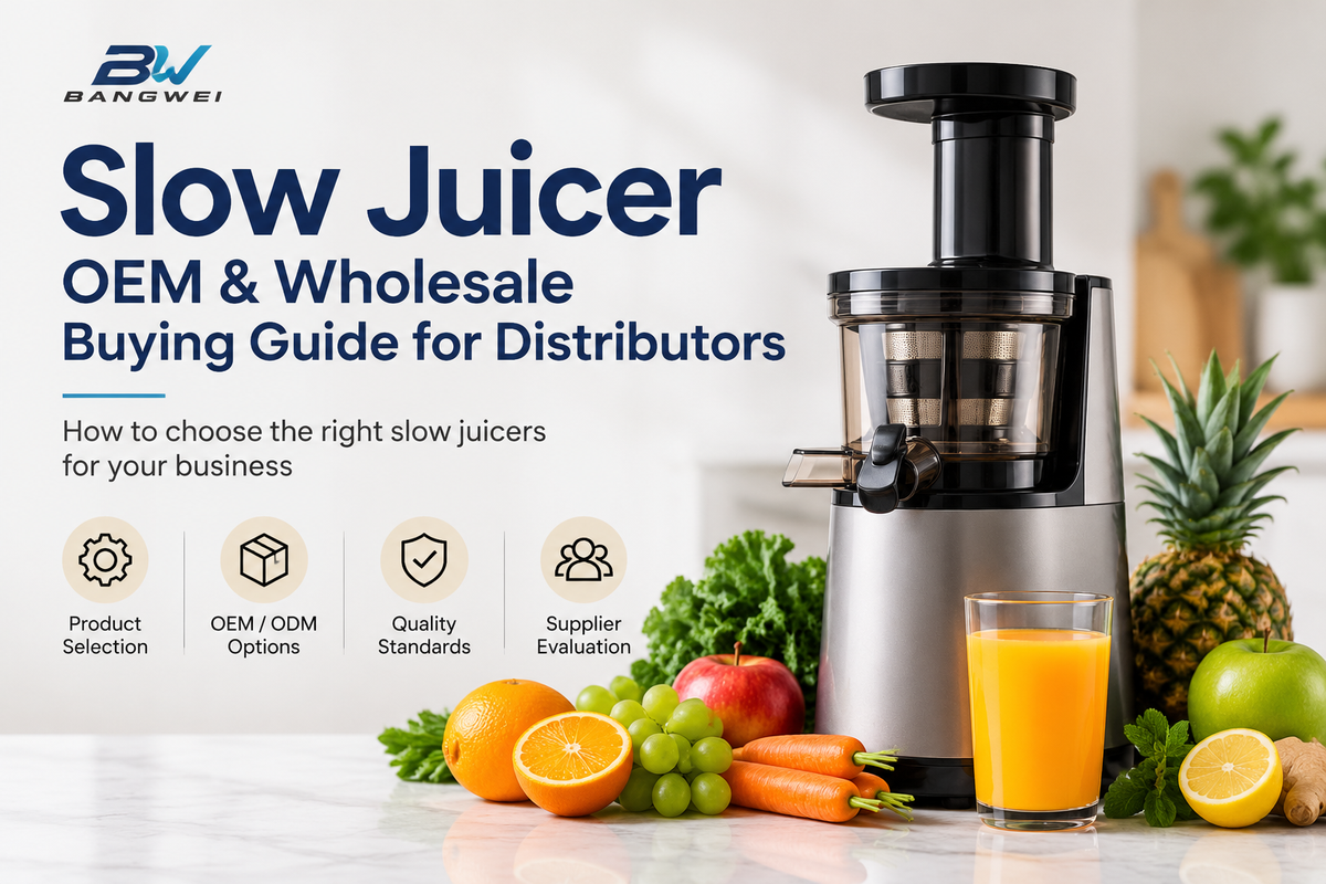 Slow juicer OEM and wholesale buying guide for distributors, featuring a slow juicer and fresh produce