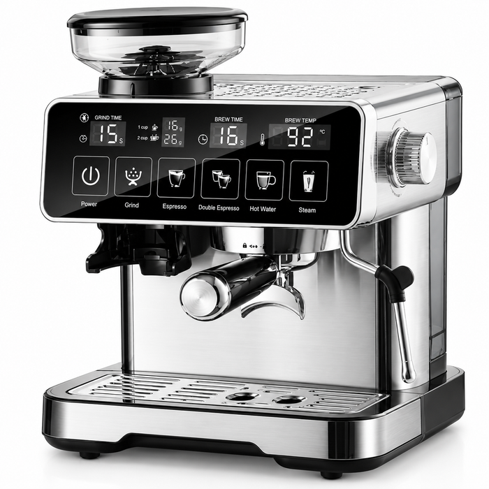 Bangwei Touchscreen Commercial Espresso Machine with Built-In Grinder and 58mm Portafilter (20 Bar, 2300W)