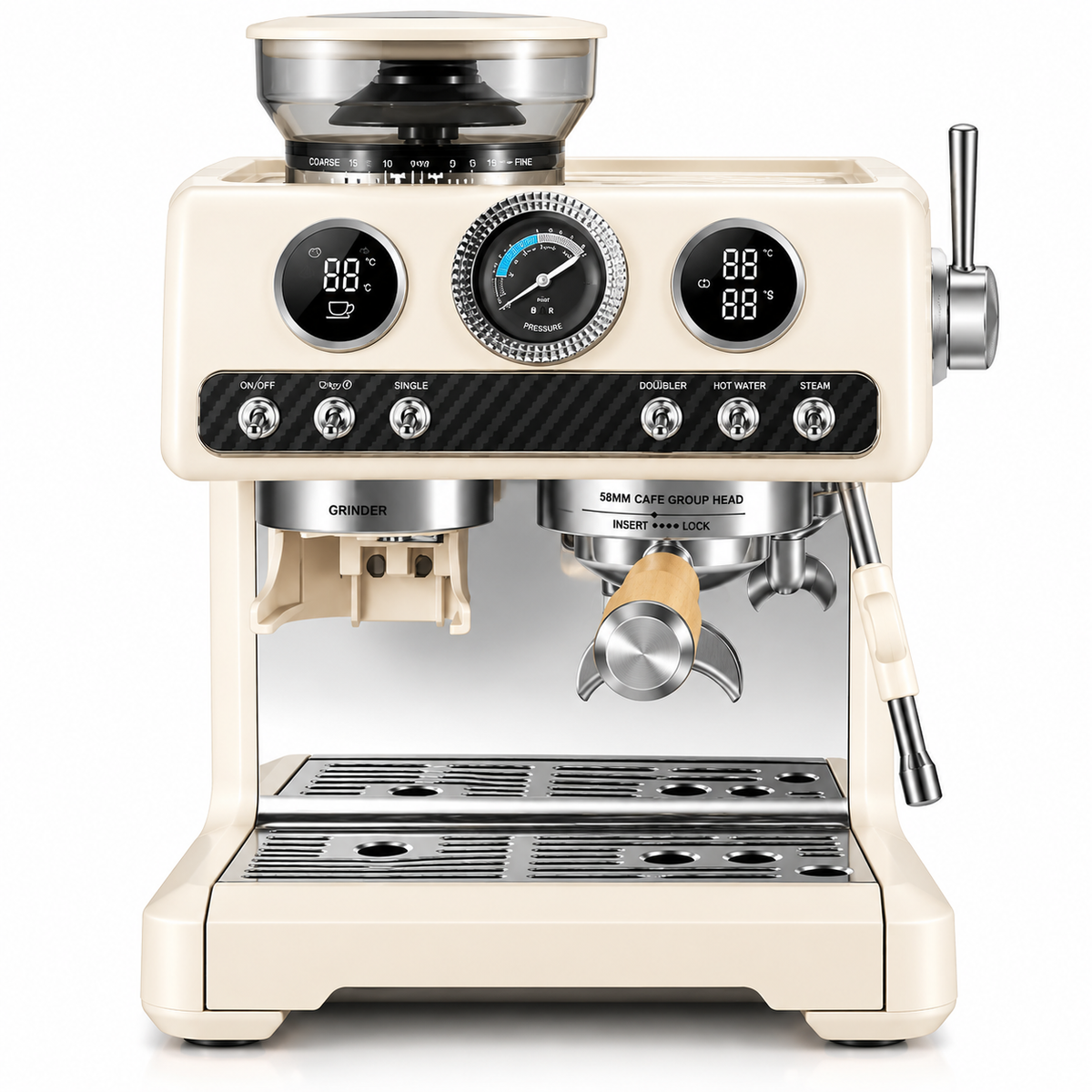 Bangwei Commercial Espresso Machine with Built-In Grinder and 58mm Portafilter (20 Bar, 2250W)